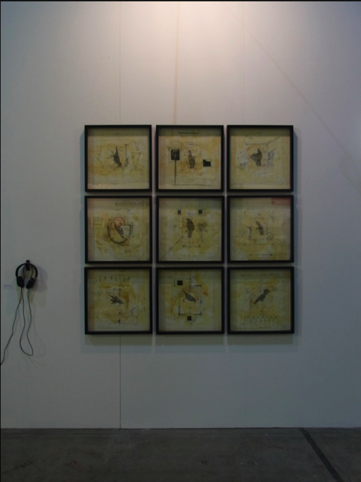 la morte dell'uccello sacro 100cm x 150 cm mixed mediaon board 2011 installation view
